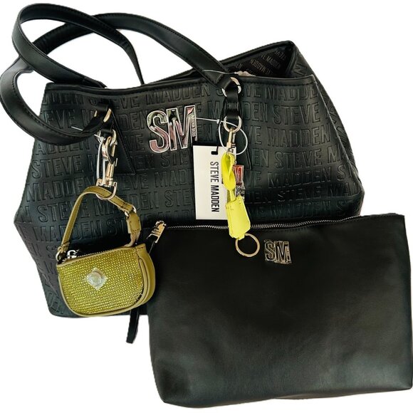 Steve Madden Embossed Black Tote Bag with Logo Charm & Mini Pouch - Picture 2 of 4